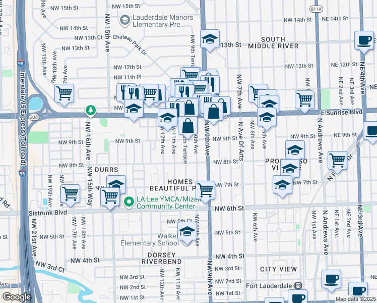 map of restaurants, bars, coffee shops, grocery stores, and more near 844 Northwest 10th Terrace in Fort Lauderdale
