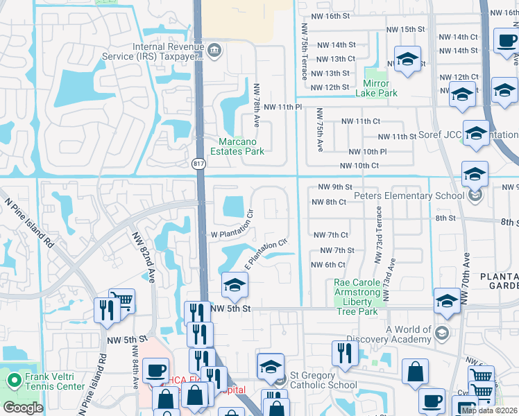 map of restaurants, bars, coffee shops, grocery stores, and more near 836 Northwest 76th Terrace in Plantation