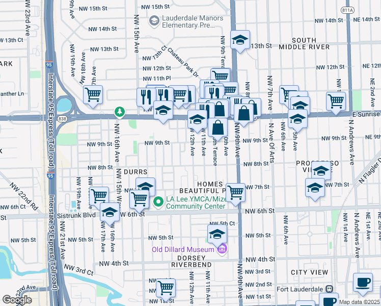 map of restaurants, bars, coffee shops, grocery stores, and more near 827 Northwest 12th Avenue in Fort Lauderdale