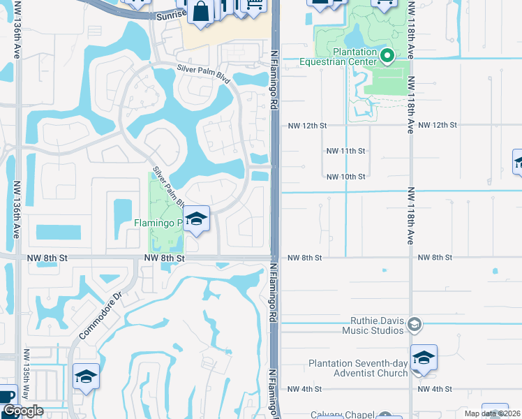 map of restaurants, bars, coffee shops, grocery stores, and more near 1076 Northwest 124th Terrace in Sunrise