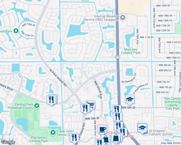 map of restaurants, bars, coffee shops, grocery stores, and more near 8218 Northwest 9th Street in Plantation