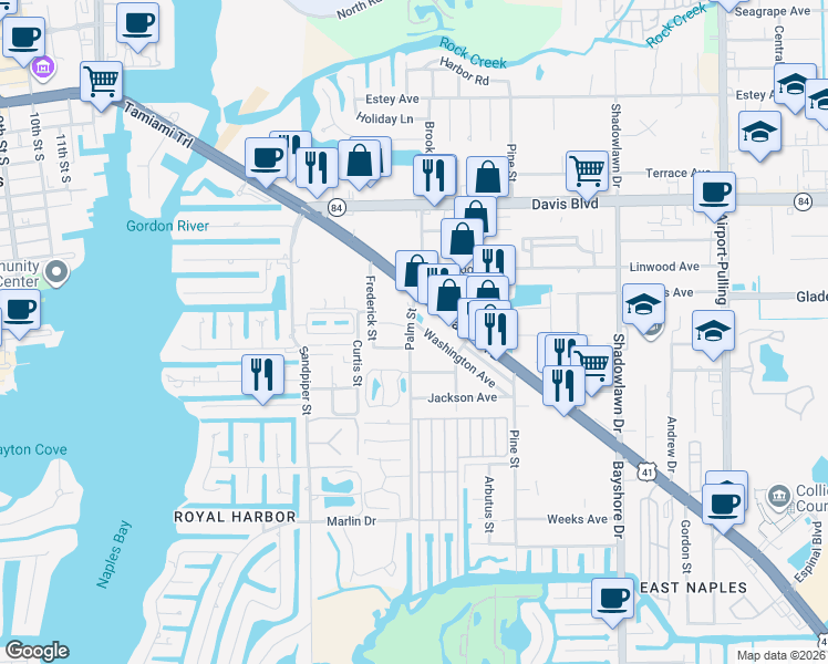 map of restaurants, bars, coffee shops, grocery stores, and more near 2100 Tamiami Trail East in Naples