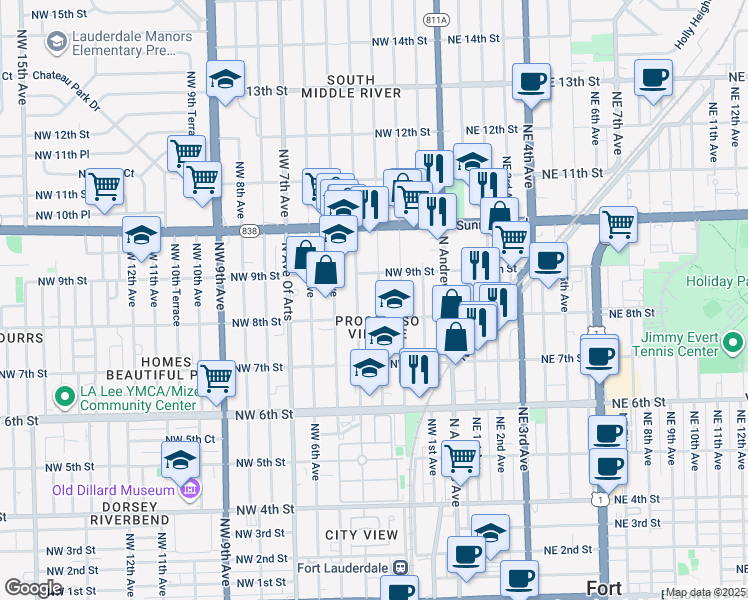 map of restaurants, bars, coffee shops, grocery stores, and more near 835 Northwest 2nd Avenue in Fort Lauderdale
