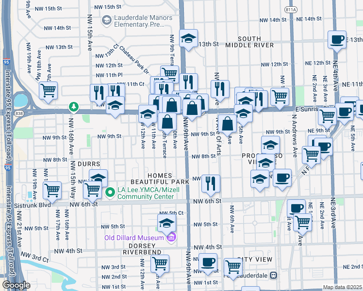 map of restaurants, bars, coffee shops, grocery stores, and more near 841 Northwest 9th Avenue in Fort Lauderdale
