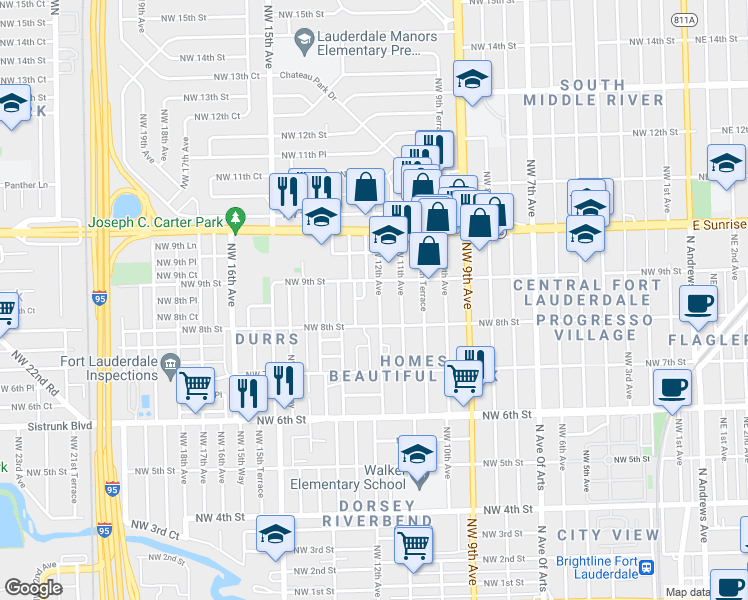 map of restaurants, bars, coffee shops, grocery stores, and more near 1270 Northwest 9th Street in Fort Lauderdale