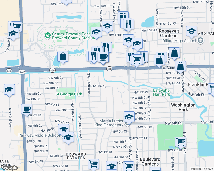 map of restaurants, bars, coffee shops, grocery stores, and more near 910 Northwest 33rd Terrace in Fort Lauderdale