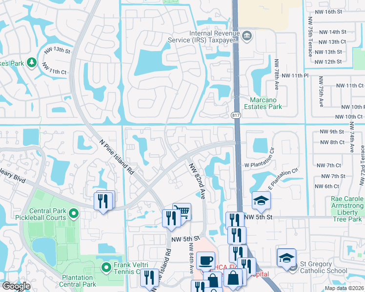map of restaurants, bars, coffee shops, grocery stores, and more near 8218 Northwest 9th Street in Plantation
