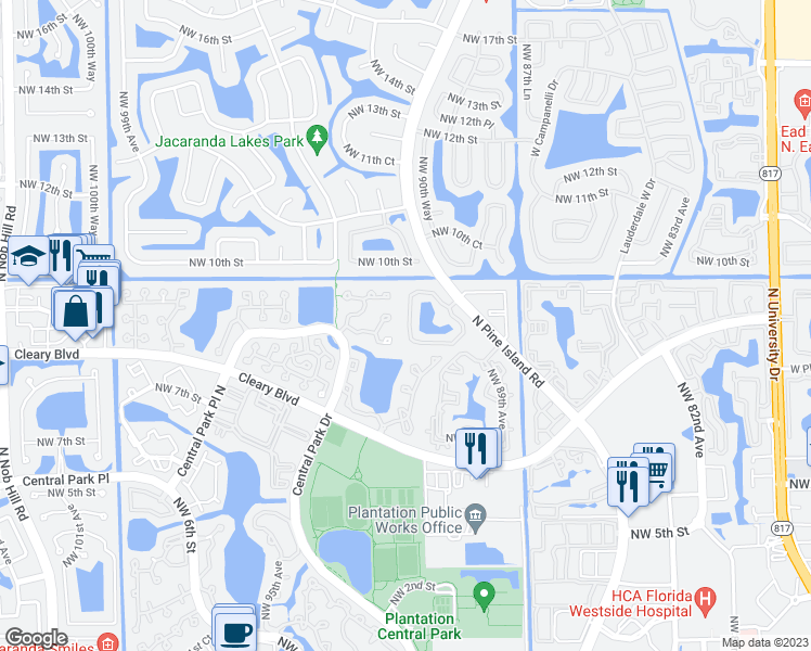 map of restaurants, bars, coffee shops, grocery stores, and more near 9068 Vineyard Lake Drive in Plantation