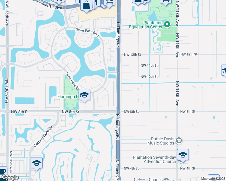 map of restaurants, bars, coffee shops, grocery stores, and more near 1076 Northwest 124th Terrace in Sunrise