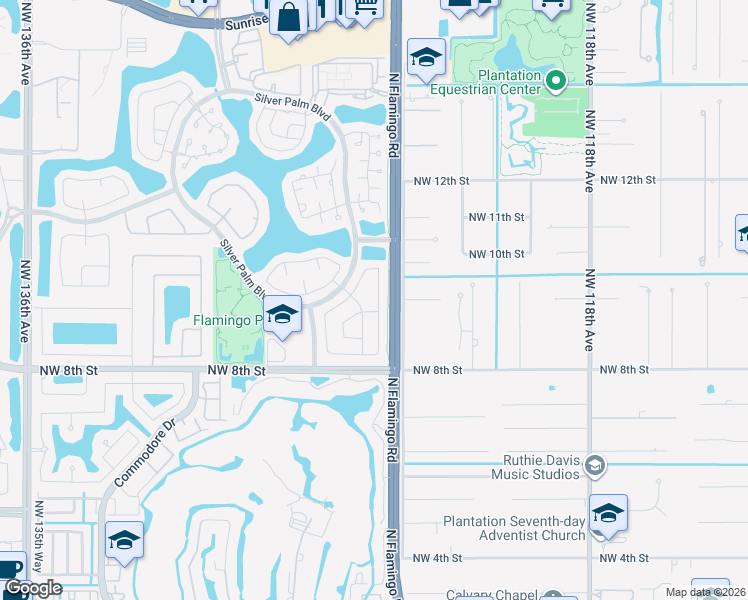 map of restaurants, bars, coffee shops, grocery stores, and more near 1076 Northwest 124th Terrace in Sunrise