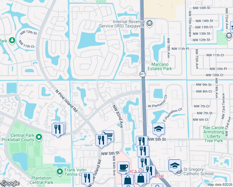 map of restaurants, bars, coffee shops, grocery stores, and more near 8186 Northwest 8th Place in Plantation