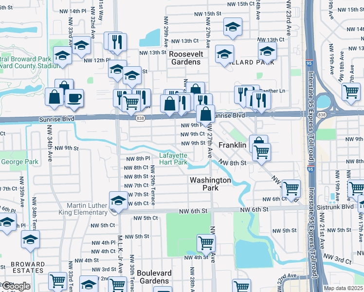 map of restaurants, bars, coffee shops, grocery stores, and more near 2845 Northwest 9th Street in Fort Lauderdale