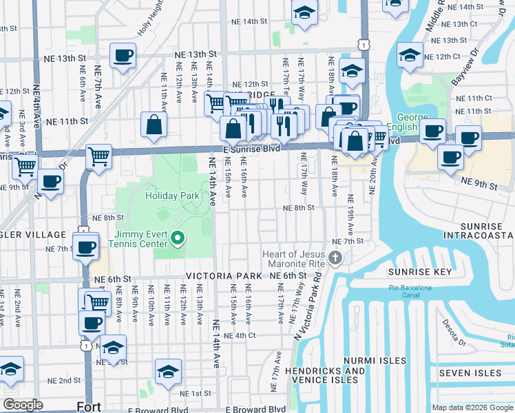 map of restaurants, bars, coffee shops, grocery stores, and more near 817 Northeast 16th Terrace in Fort Lauderdale