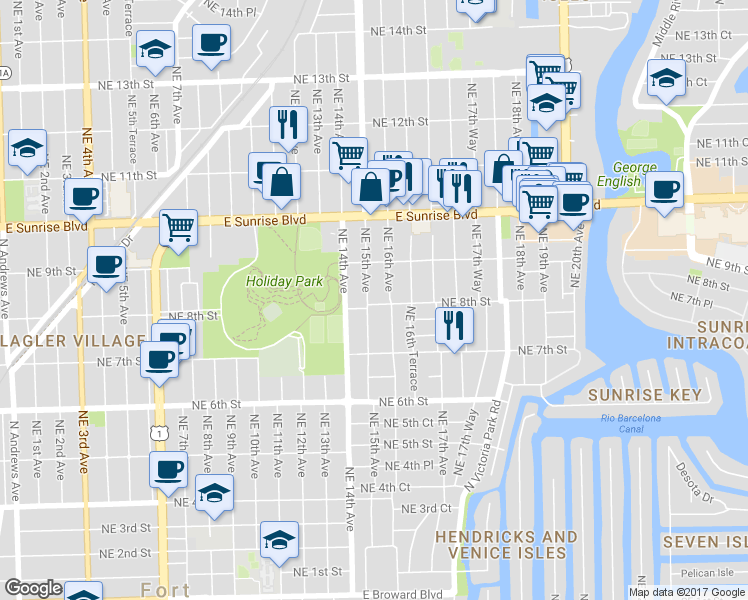 map of restaurants, bars, coffee shops, grocery stores, and more near 816 Northeast 15th Avenue in Fort Lauderdale