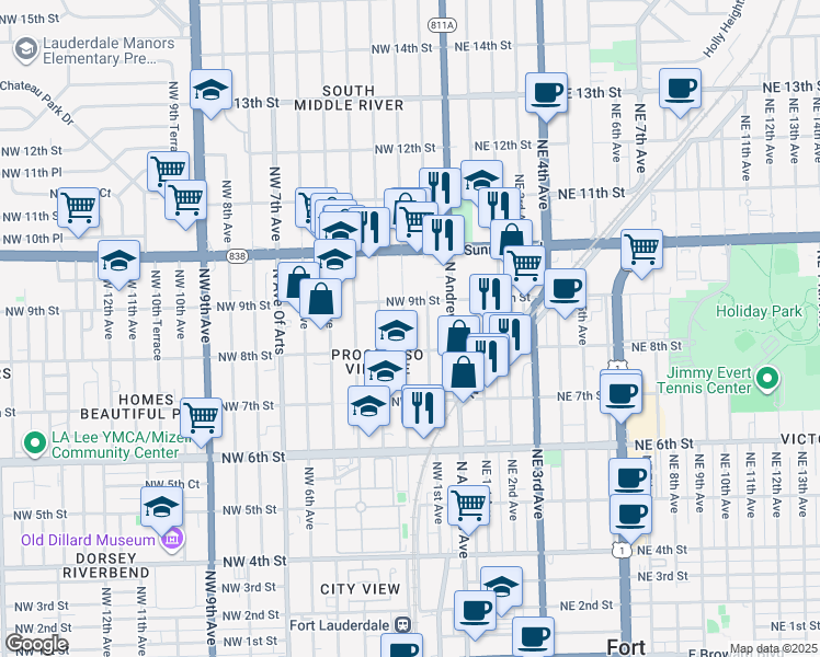 map of restaurants, bars, coffee shops, grocery stores, and more near 835 Northwest 2nd Avenue in Fort Lauderdale