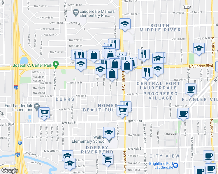 map of restaurants, bars, coffee shops, grocery stores, and more near 844 Northwest 10th Terrace in Fort Lauderdale
