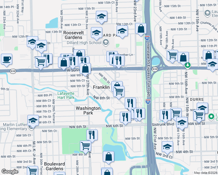 map of restaurants, bars, coffee shops, grocery stores, and more near in Franklin Park