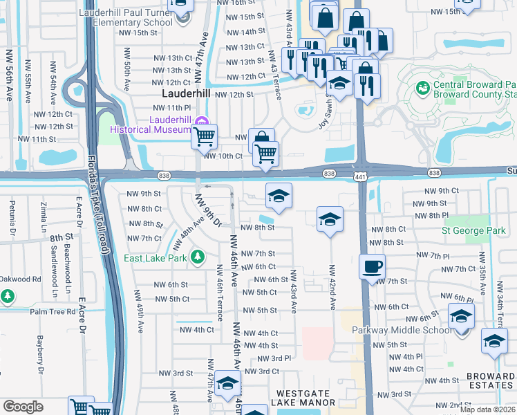 map of restaurants, bars, coffee shops, grocery stores, and more near 4450 Northwest 8th Court in Plantation