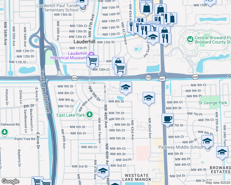 map of restaurants, bars, coffee shops, grocery stores, and more near 4450 Northwest 8th Court in Plantation