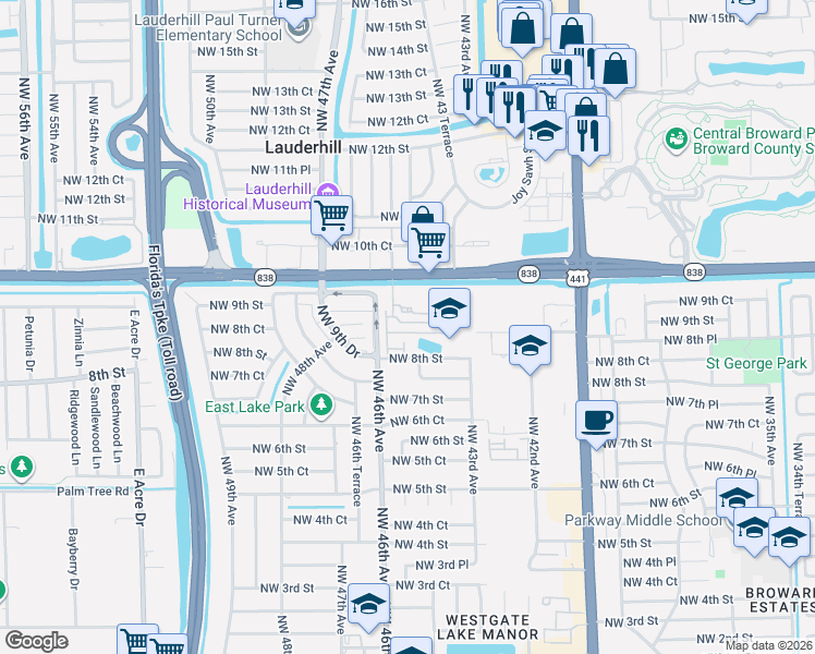 map of restaurants, bars, coffee shops, grocery stores, and more near 4461 Northwest 9th Street in Plantation