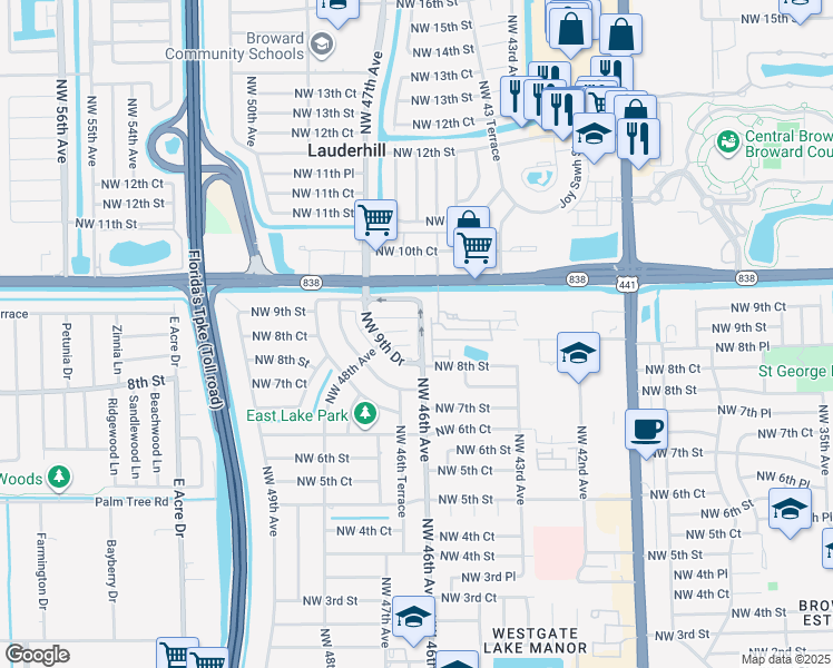 map of restaurants, bars, coffee shops, grocery stores, and more near 839 Northwest 46th Avenue in Plantation