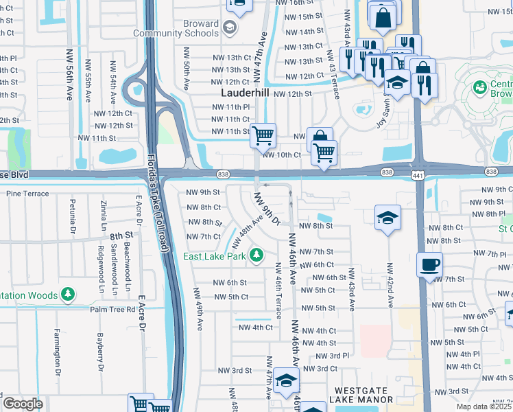 map of restaurants, bars, coffee shops, grocery stores, and more near 4852 Northwest 9th Drive in Plantation