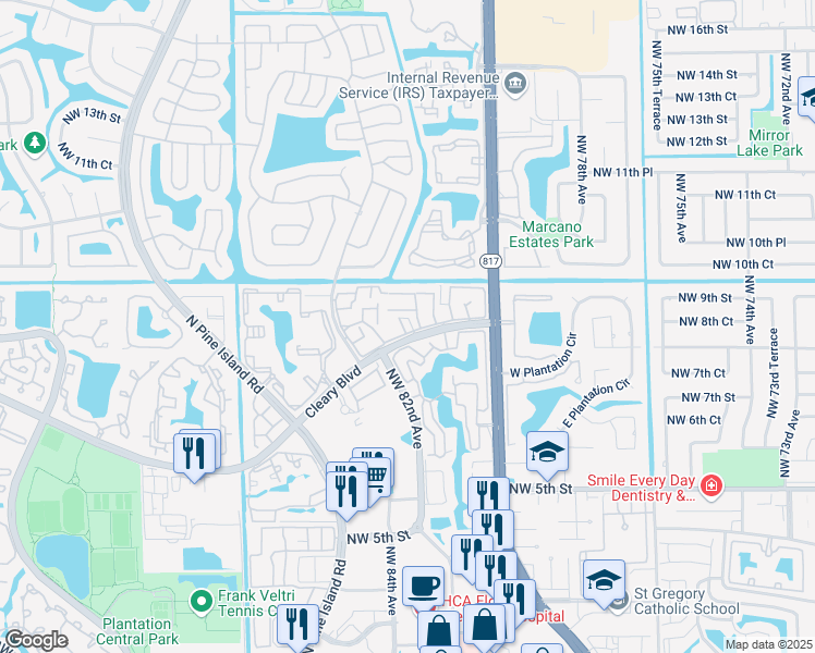 map of restaurants, bars, coffee shops, grocery stores, and more near 8186 Northwest 8th Place in Plantation