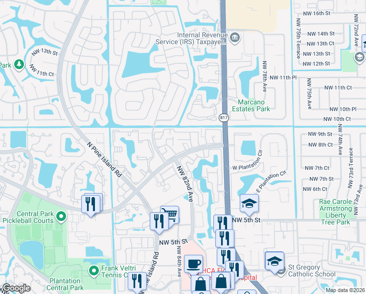 map of restaurants, bars, coffee shops, grocery stores, and more near 8186 Northwest 8th Place in Plantation