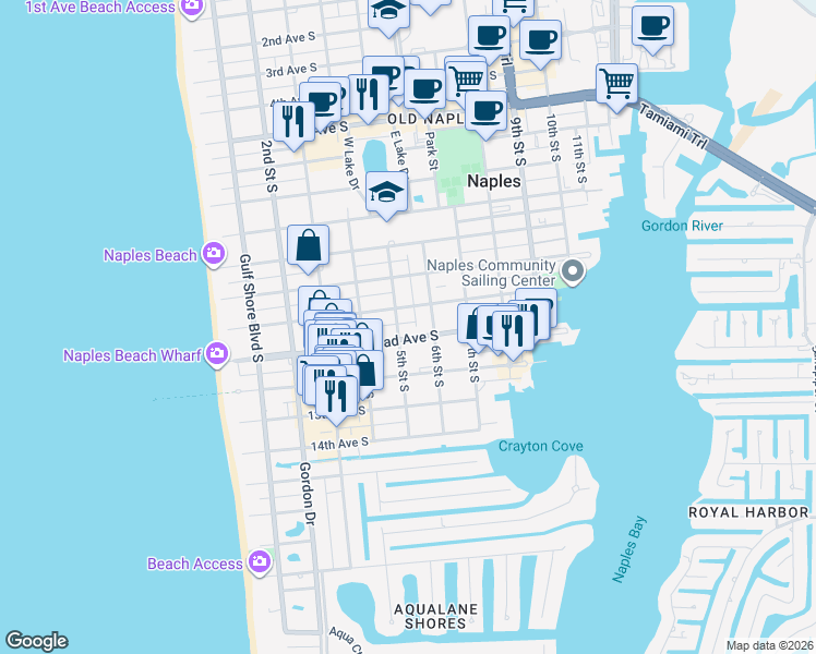 map of restaurants, bars, coffee shops, grocery stores, and more near 1120 5th Street South in Naples