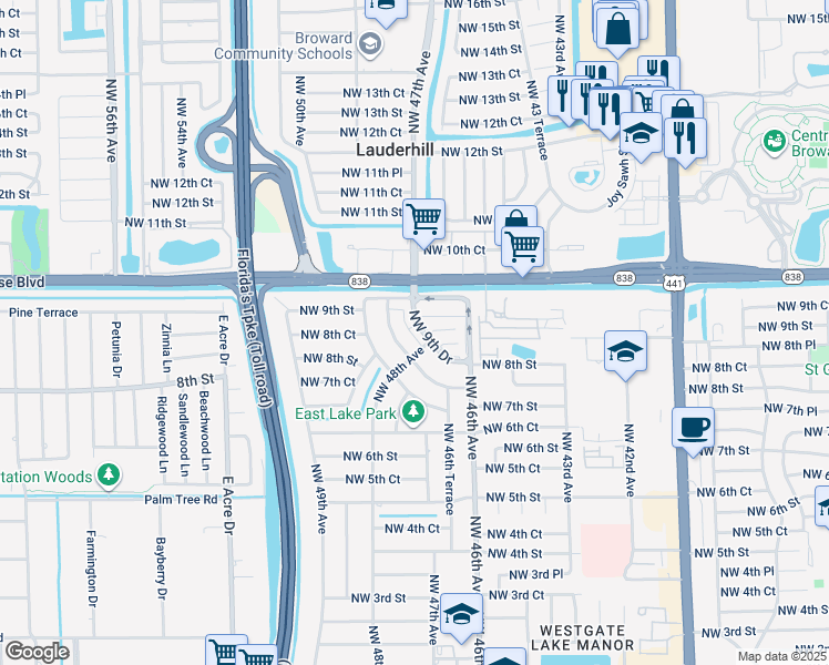map of restaurants, bars, coffee shops, grocery stores, and more near 4852 Northwest 9th Drive in Plantation