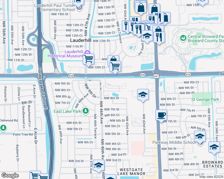 map of restaurants, bars, coffee shops, grocery stores, and more near 4450 Northwest 8th Court in Plantation