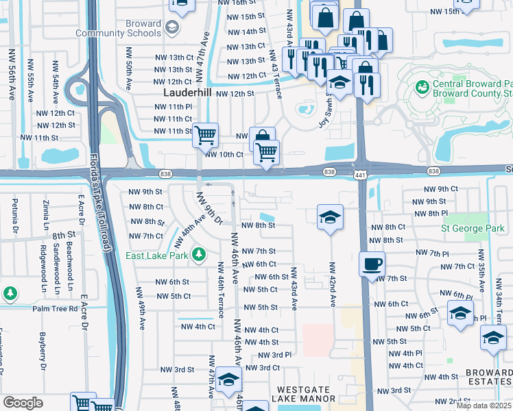 map of restaurants, bars, coffee shops, grocery stores, and more near 4450 Northwest 8th Court in Plantation