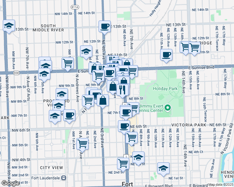 map of restaurants, bars, coffee shops, grocery stores, and more near 812 Northeast 5th Avenue in Fort Lauderdale