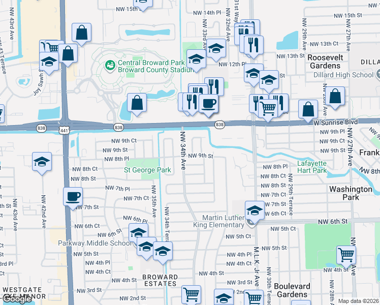 map of restaurants, bars, coffee shops, grocery stores, and more near 901 Northwest 33rd Drive in Lauderhill
