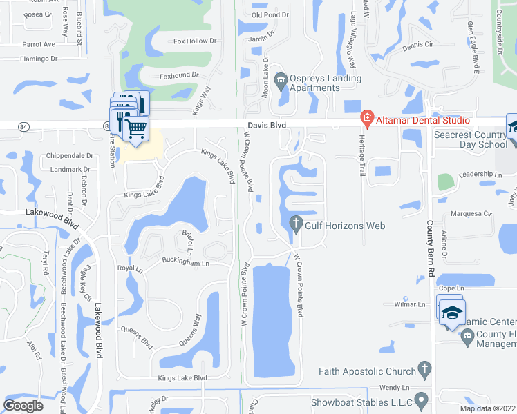 map of restaurants, bars, coffee shops, grocery stores, and more near 2050 West Crown Pointe Boulevard in Naples