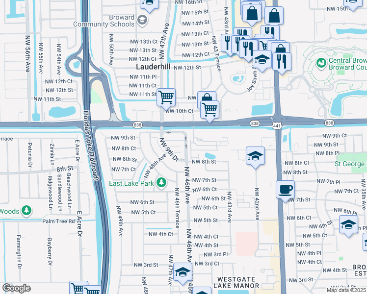 map of restaurants, bars, coffee shops, grocery stores, and more near 839 Northwest 46th Avenue in Plantation