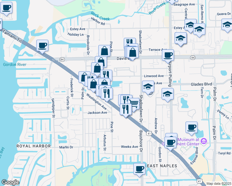 map of restaurants, bars, coffee shops, grocery stores, and more near 2536 Lee Street in Naples