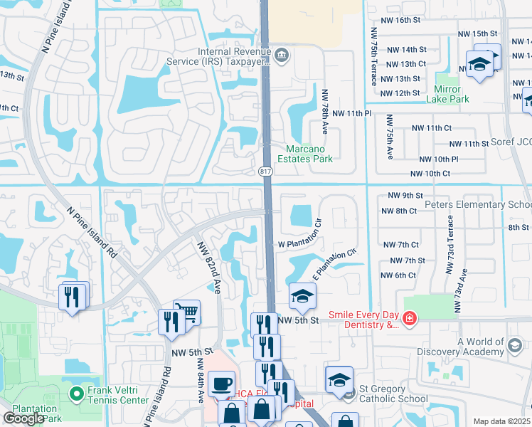 map of restaurants, bars, coffee shops, grocery stores, and more near 8002 Cleary Boulevard in Plantation