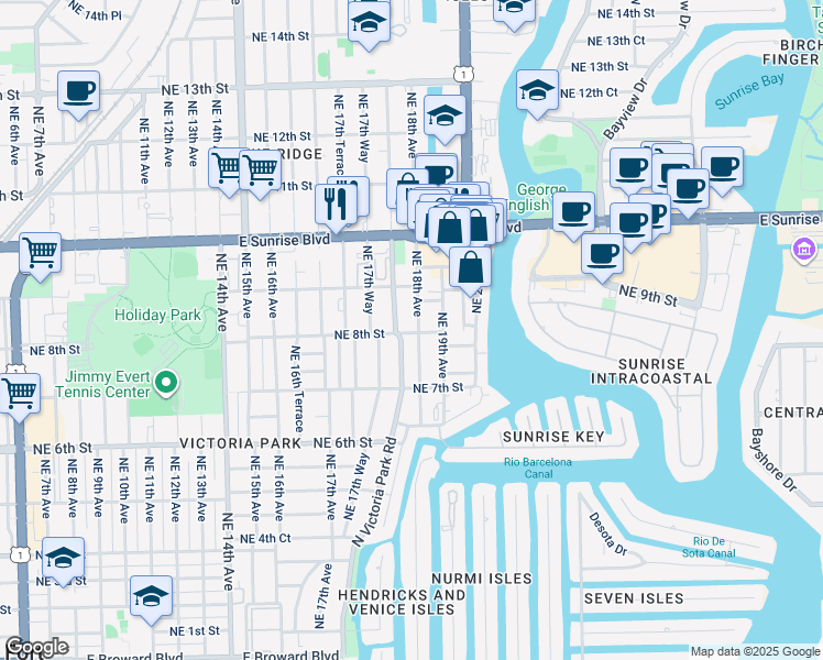 map of restaurants, bars, coffee shops, grocery stores, and more near 812 North Victoria Park Road in Fort Lauderdale