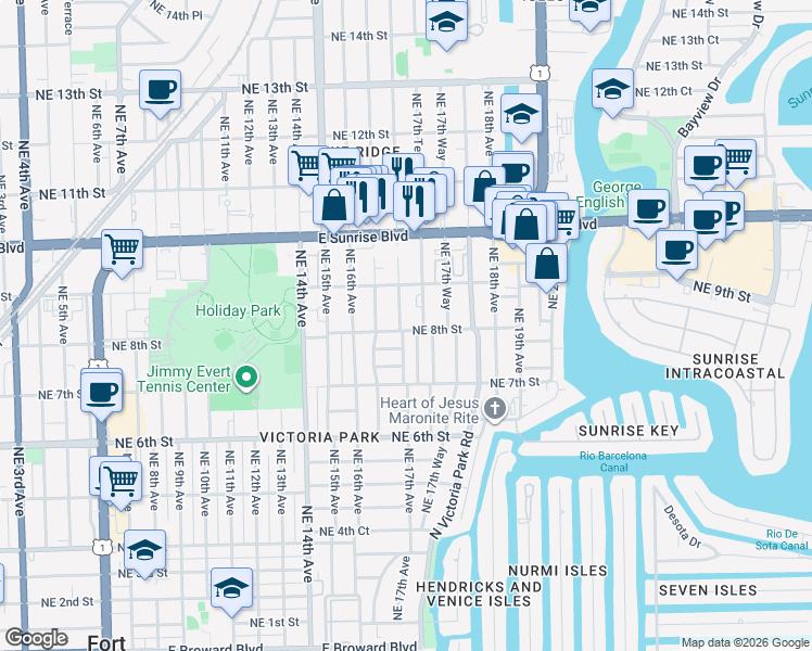 map of restaurants, bars, coffee shops, grocery stores, and more near 814 Northeast 17th Avenue in Fort Lauderdale
