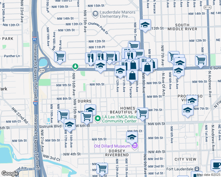 map of restaurants, bars, coffee shops, grocery stores, and more near 1270 Northwest 9th Street in Fort Lauderdale