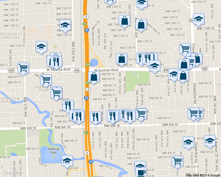 map of restaurants, bars, coffee shops, grocery stores, and more near 1716 Northwest 9th Street in Fort Lauderdale