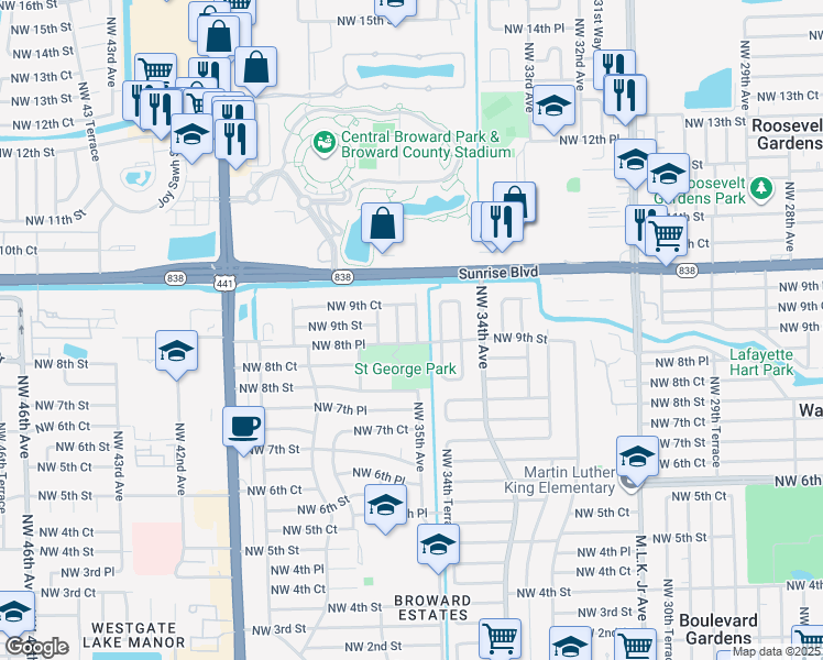map of restaurants, bars, coffee shops, grocery stores, and more near 921 Northwest 35th Terrace in Fort Lauderdale