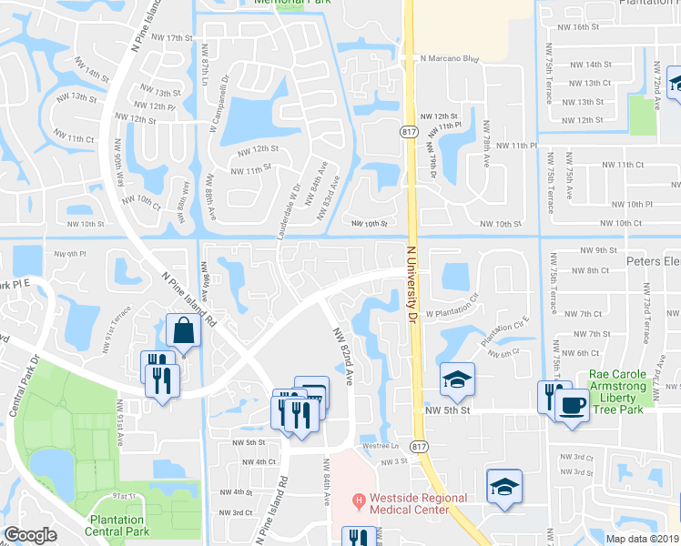map of restaurants, bars, coffee shops, grocery stores, and more near 8186 Northwest 8th Place in Plantation