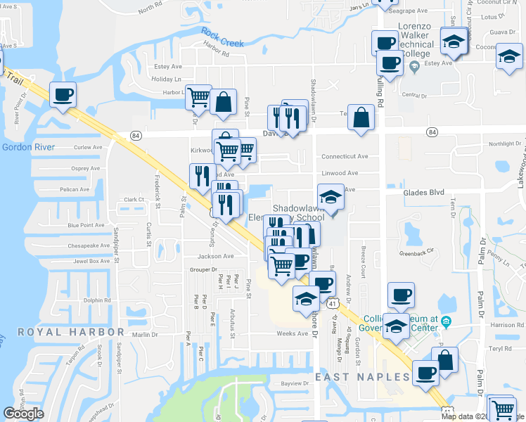 map of restaurants, bars, coffee shops, grocery stores, and more near 2536 Lee Street in Naples