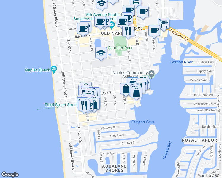 map of restaurants, bars, coffee shops, grocery stores, and more near 1118 6th Street South in Naples
