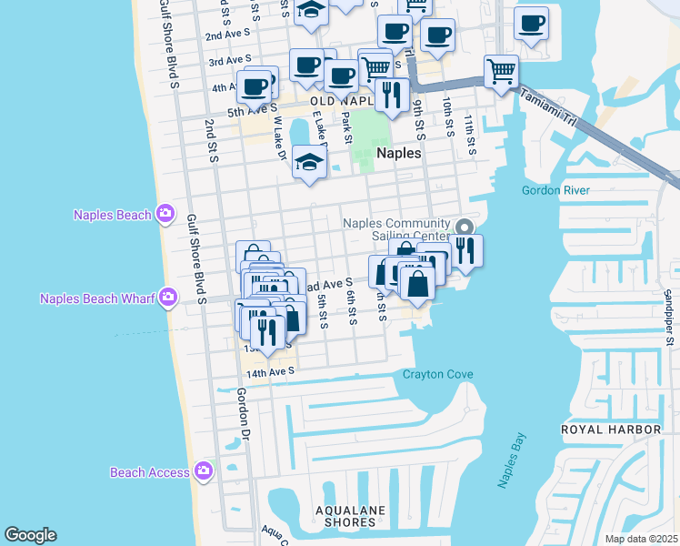 map of restaurants, bars, coffee shops, grocery stores, and more near 1118 6th Street South in Naples