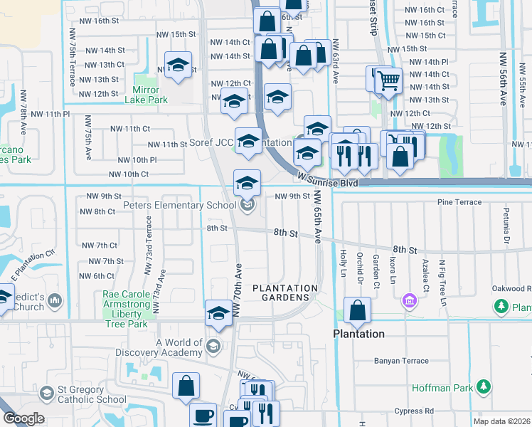 map of restaurants, bars, coffee shops, grocery stores, and more near 881 Northwest 67th Avenue in Plantation