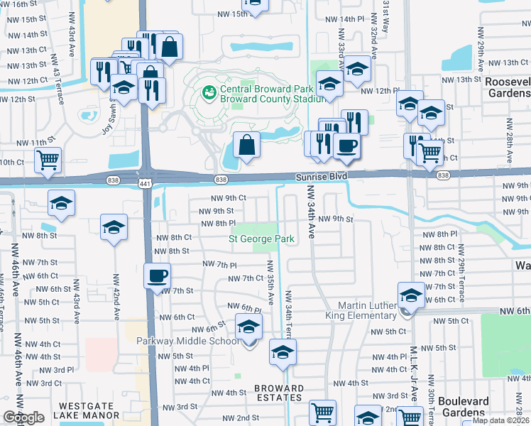 map of restaurants, bars, coffee shops, grocery stores, and more near 921 Northwest 35th Terrace in Fort Lauderdale