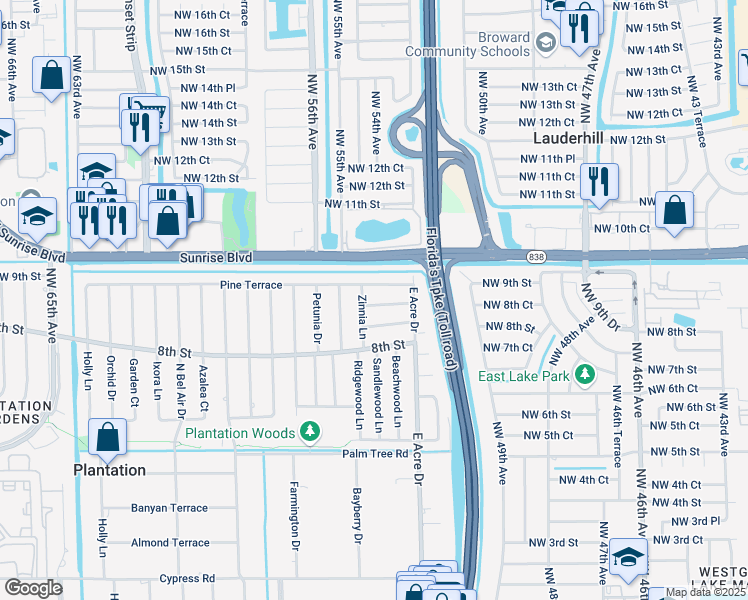 map of restaurants, bars, coffee shops, grocery stores, and more near 5366 Pine Terrace in Plantation